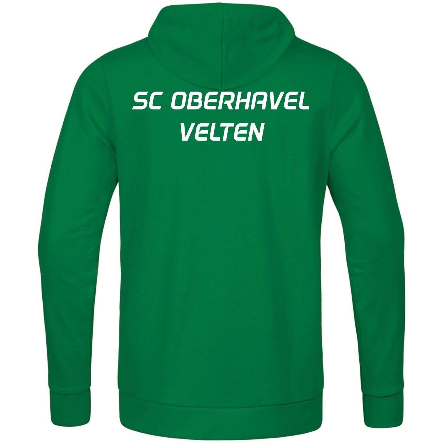 JAKO Base Kapuzenjacke: Rückansicht in Grün mit weißem Schriftzug SC Oberhavel Velten.