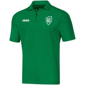 Grünes JAKO Base Polo mit weißem SCO-Wappen und Initialen als Druckbeispiel, Vorderansicht.