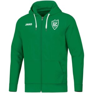 Grüne JAKO Base Kapuzenjacke mit weißem SCO-Wappen und Initialen als Druckbeispiel.