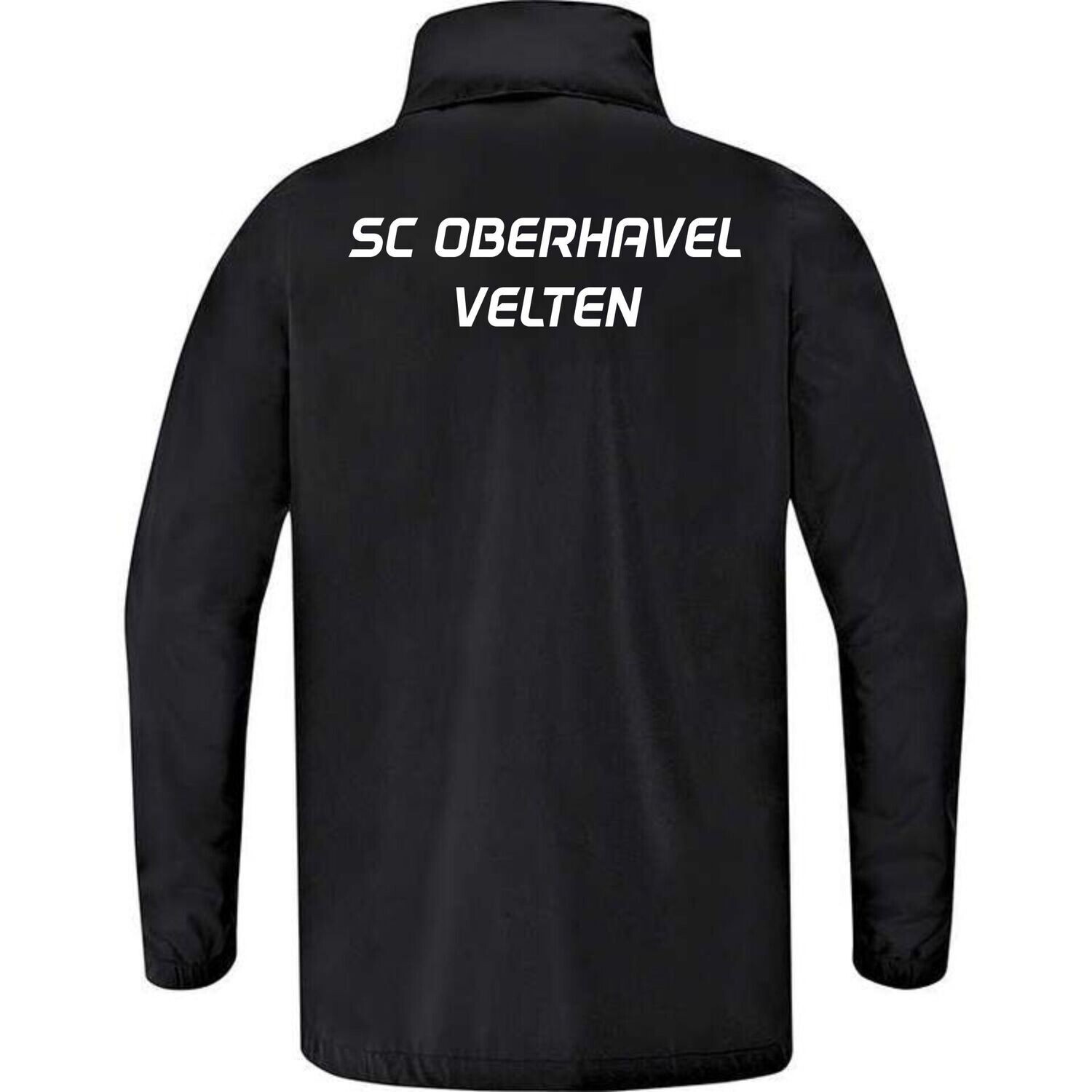 JAKO Allwetterjacke Power: Rückansicht in Schwarz mit weißem Schriftzug SC Oberhavel Velten.