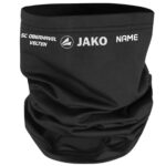 Schwarzer JAKO Neckwarmer Funktion mit weißem Vereinsschriftzug und Namensdruck als Beispiel.