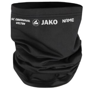 Schwarzer JAKO Neckwarmer Funktion mit weißem Vereinsschriftzug und Namensdruck als Beispiel.