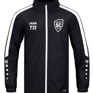 Schwarze JAKO Allwetterjacke Power mit weißen Kontraststreifen und SCO-Wappen, Vorderansicht.