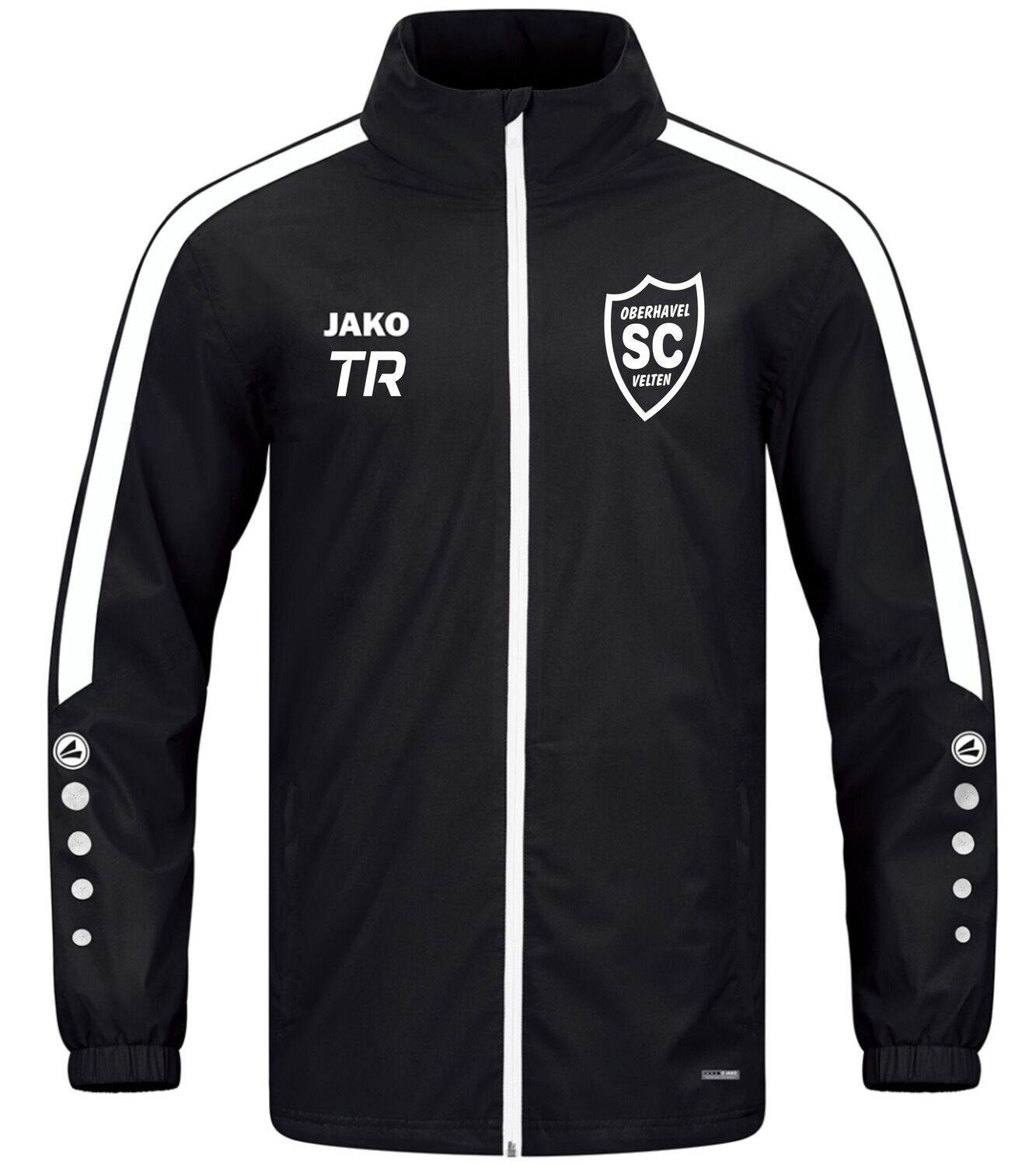 Schwarze JAKO Allwetterjacke Power mit weißen Kontraststreifen und SCO-Wappen, Vorderansicht.