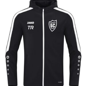 Schwarze JAKO Kapuzenjacke Power mit weißen Kontraststreifen und SCO-Wappen, Vorderansicht.