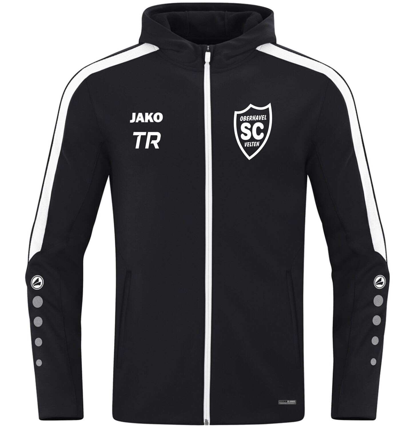 Schwarze JAKO Kapuzenjacke Power mit weißen Kontraststreifen und SCO-Wappen, Vorderansicht.