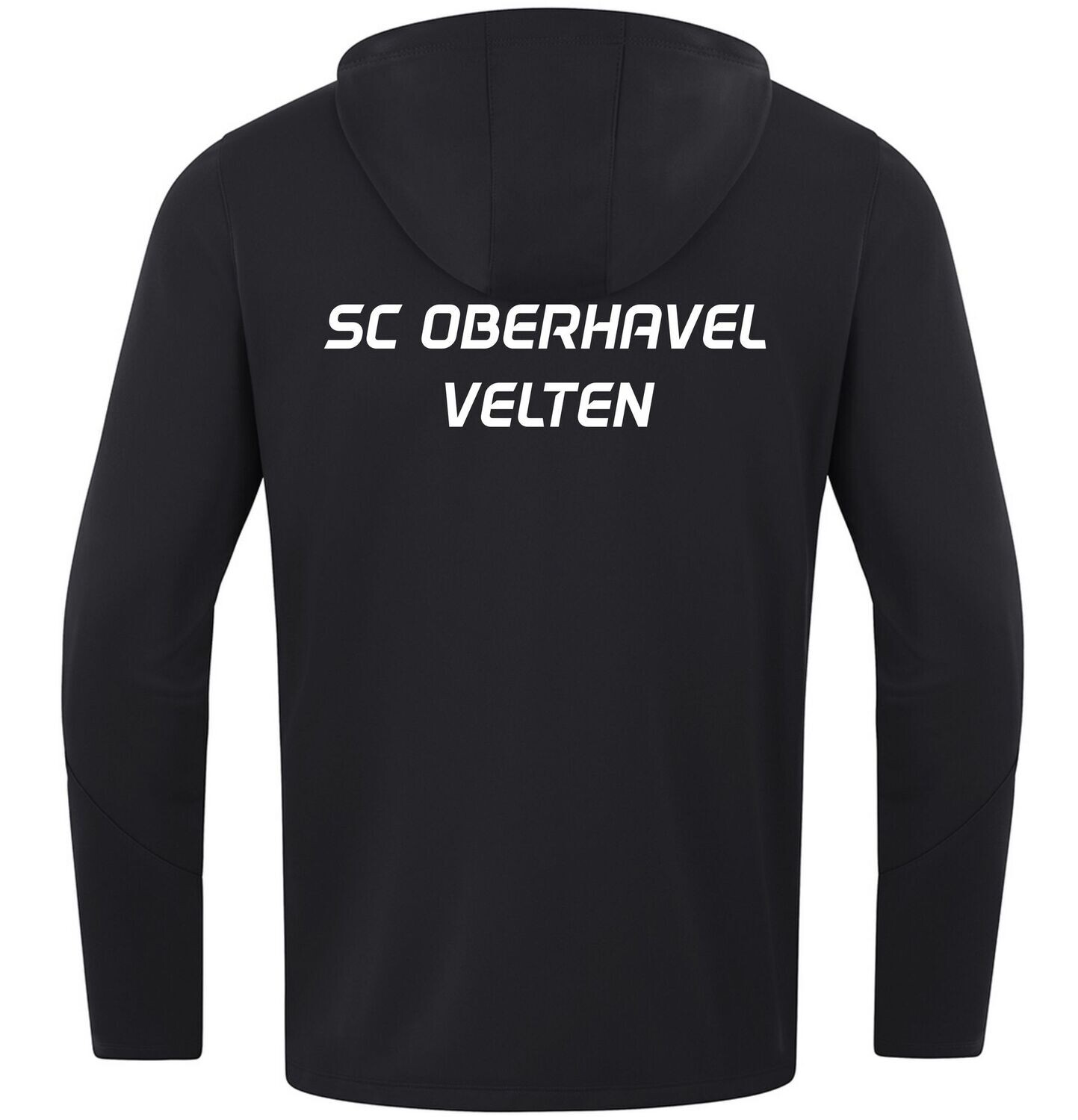 JAKO Kapuzenjacke Power: Rückansicht in Schwarz mit weißem Schriftzug SC Oberhavel Velten.