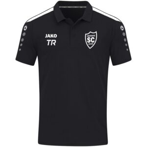 Schwarzes JAKO Polo Power mit weißem SCO-Wappen und Trainerinitialen als Druckbeispiel.