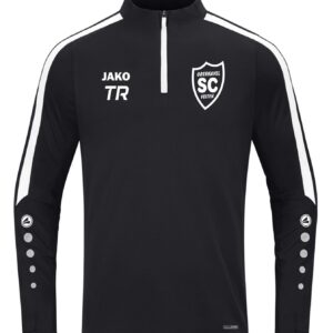 Schwarzes JAKO Ziptop Power mit weißen Kontraststreifen und SCO-Wappen, Vorderansicht.