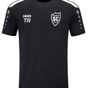 Schwarzes JAKO T-Shirt Power mit weißem SCO-Wappen und Trainerinitialen als Druckbeispiel.