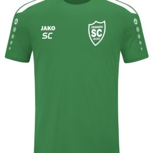 Grünes JAKO T-Shirt Power mit weißen Kontrastdetails und SCO-Wappen, Vorderansicht.