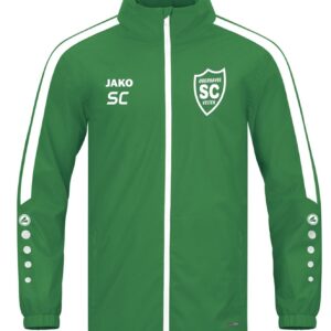 Grüne JAKO Allwetterjacke Power mit weißen Kontraststreifen und SCO-Wappen, Vorderansicht.