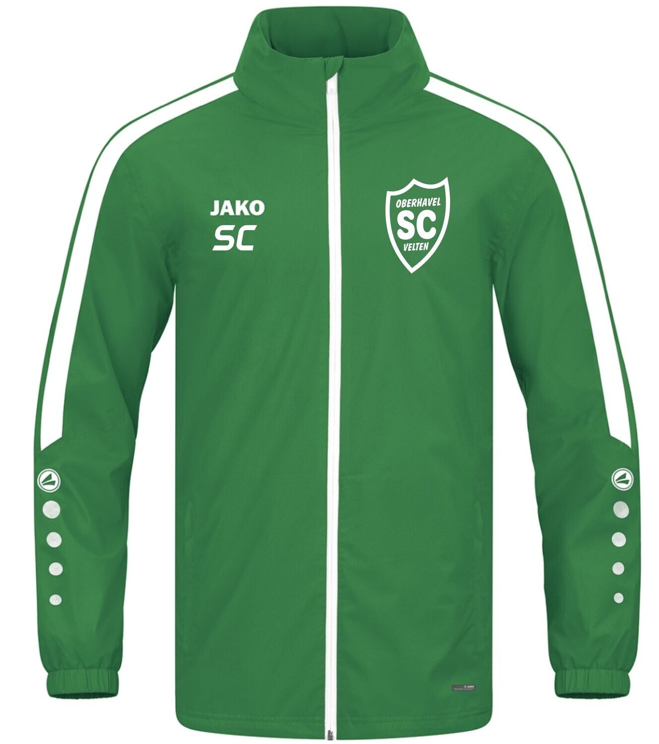 Grüne JAKO Allwetterjacke Power mit weißen Kontraststreifen und SCO-Wappen, Vorderansicht.