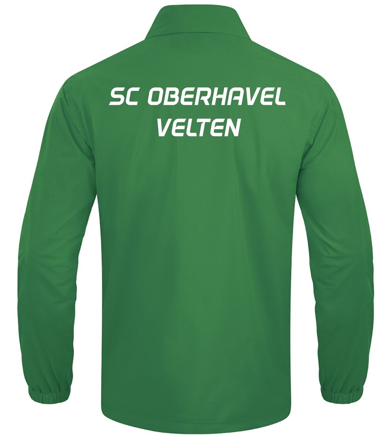 JAKO Allwetterjacke Power: Rückansicht in Grün mit weißem Schriftzug SC Oberhavel Velten.