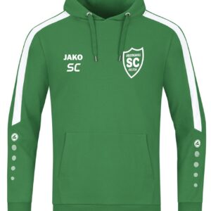Grüner JAKO Kapuzensweat Power mit weißen Kontraststreifen und SCO-Wappen, Vorderansicht.
