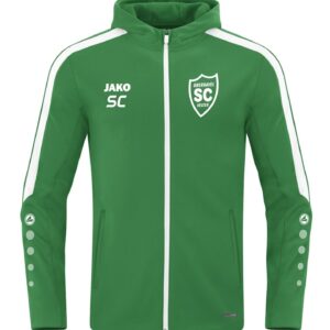 Grüne JAKO Kapuzenjacke Power mit weißen Kontraststreifen und SCO-Wappen, Vorderansicht.