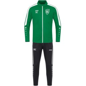 JAKO Trainingsanzug Polyester Power mit grüner Jacke, schwarzer Hose und weißem SCO-Vereinsdruck.