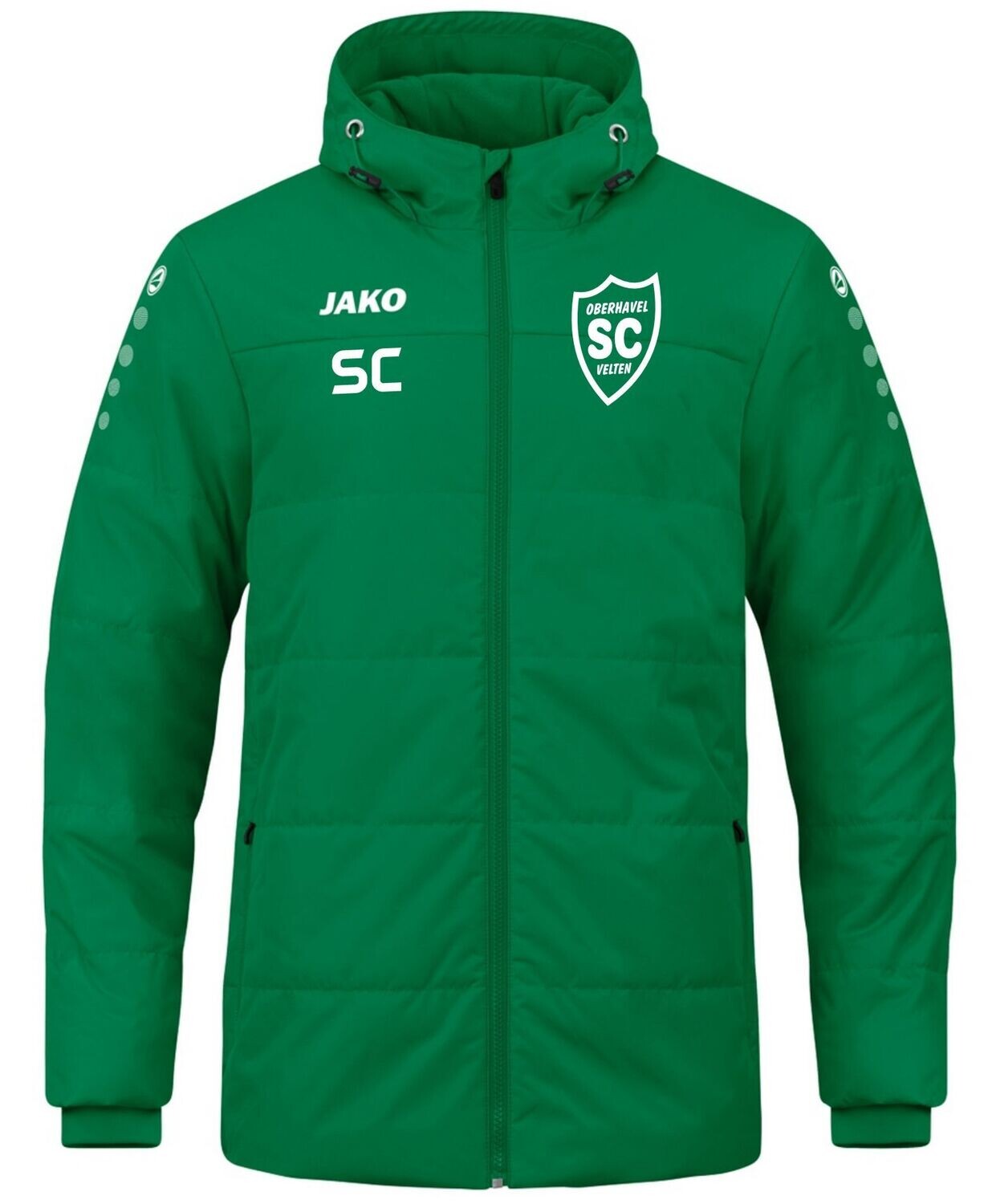Grüne JAKO Team Jacke mit Kapuze, weißem SCO-Wappen und Initialen als Druckbeispiel.