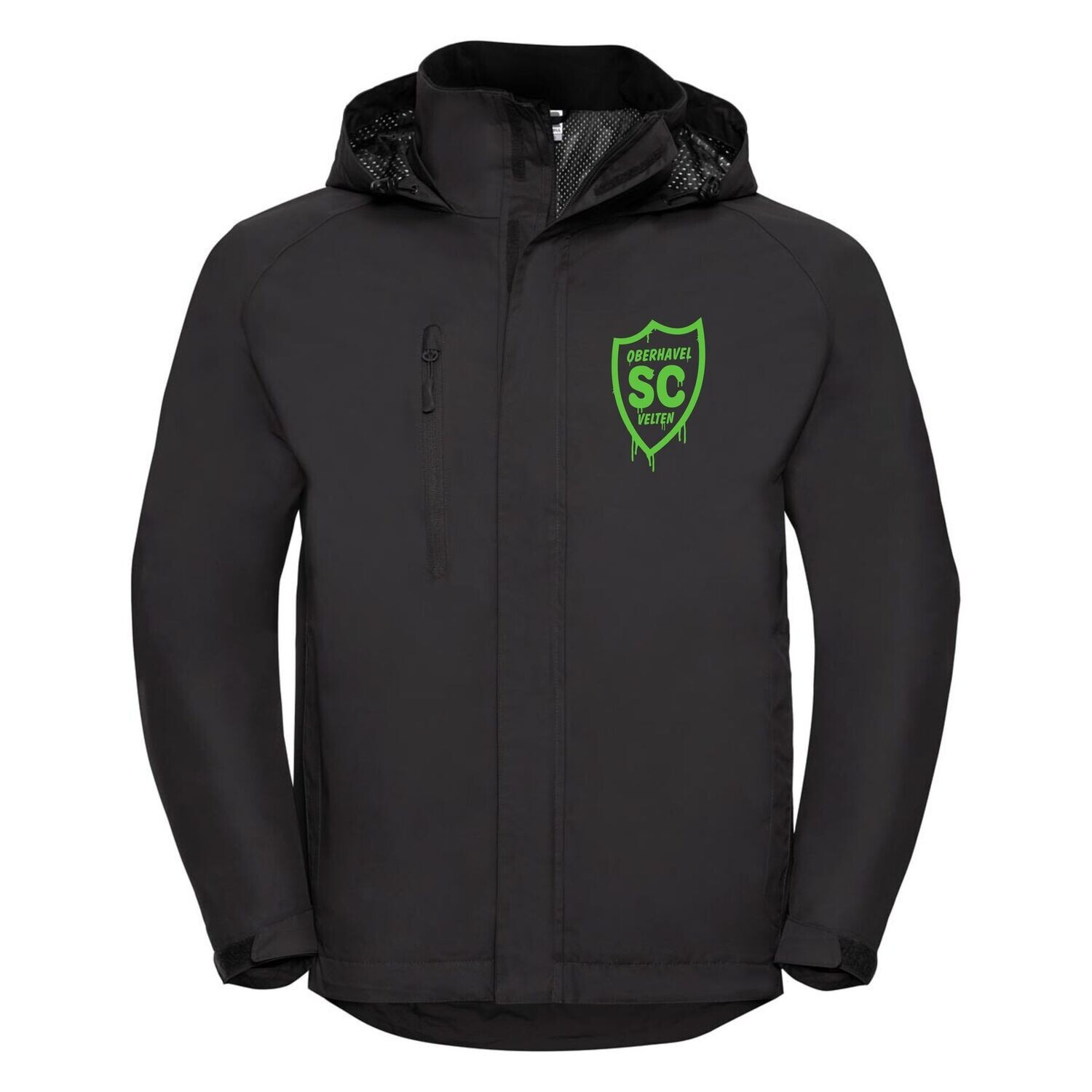 Schwarze Russell Hydraplus 2000 Jacke der Motivlinie SCO Graffiti mit grünem Brustwappen.
