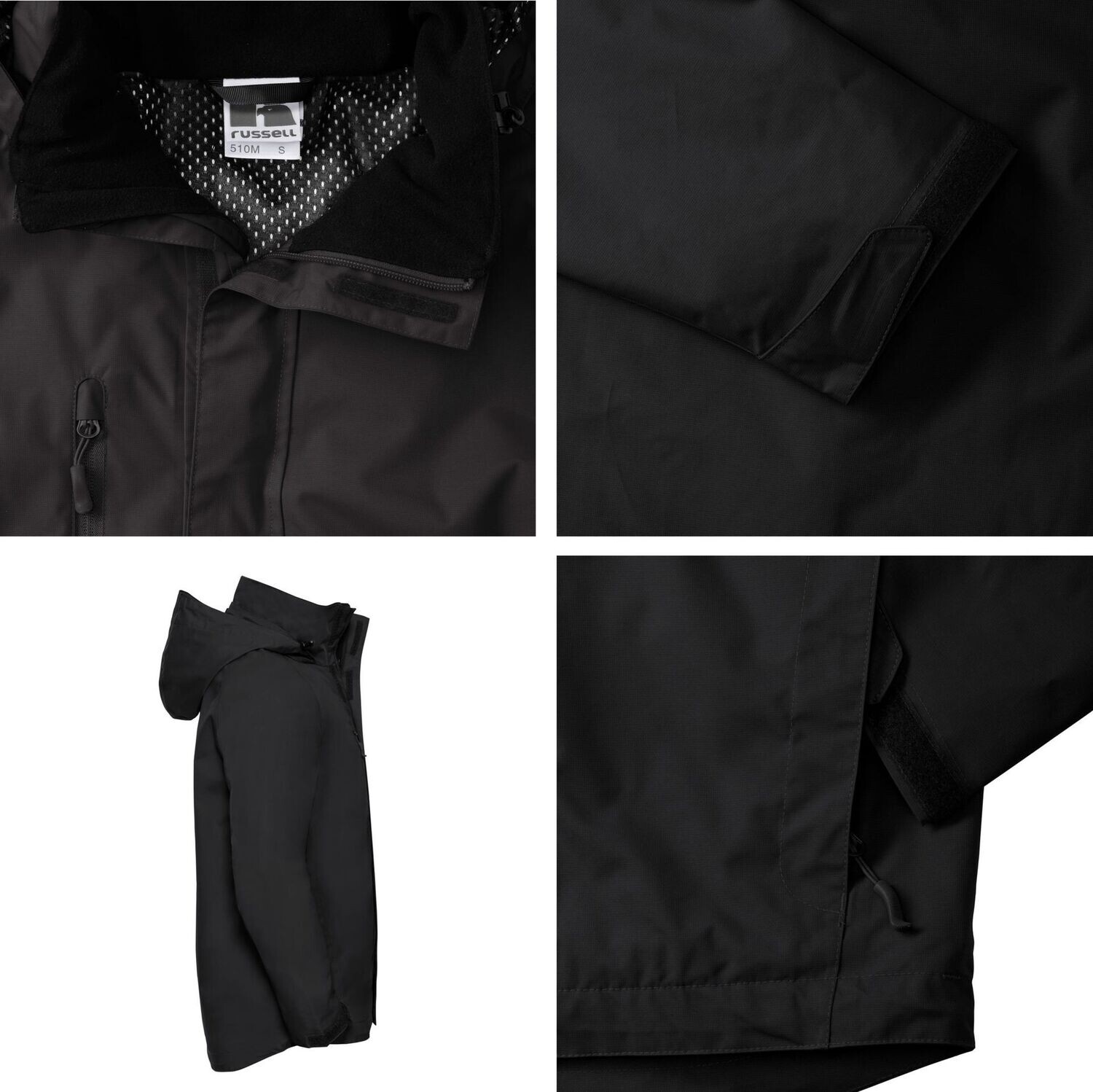 Detailübersicht der schwarzen Russell Hydraplus Jacke mit Kragen, Ärmel, Seitenansicht und Saum.