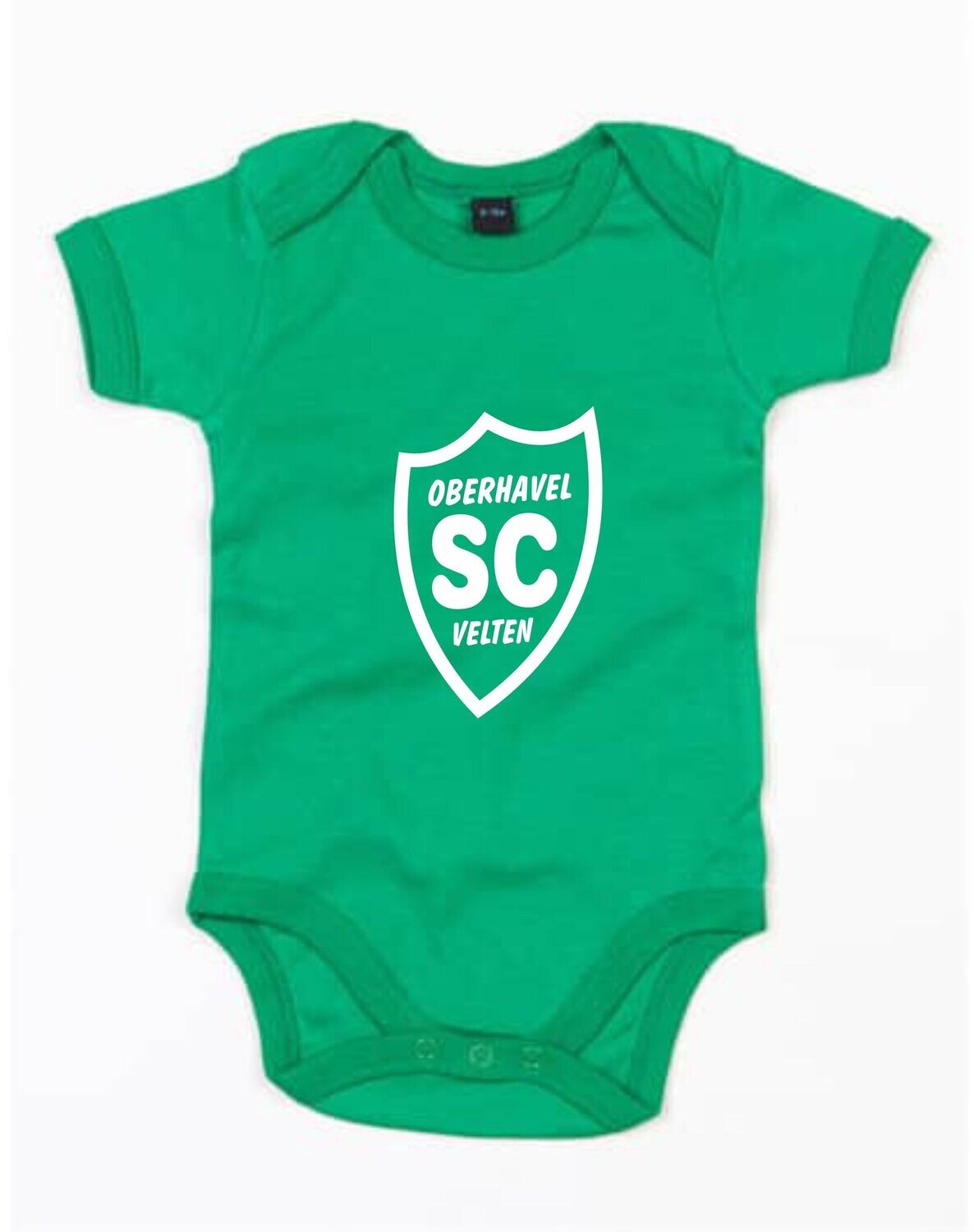 Grüner Baby-Bodysuit mit Schlupfkragen und weißem SCO-Wappen auf der Vorderseite.