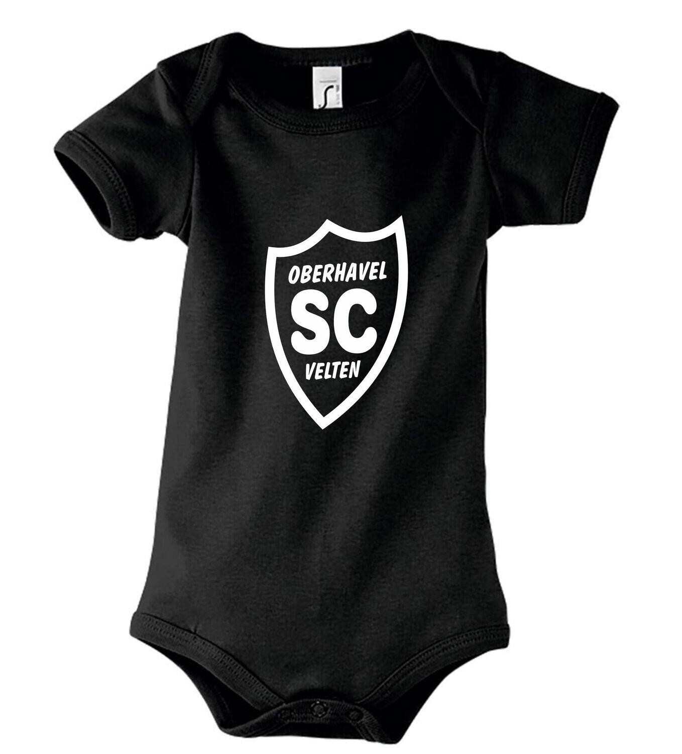 Schwarzer Baby-Bodysuit mit Schlupfkragen und weißem SCO-Wappen auf der Vorderseite.