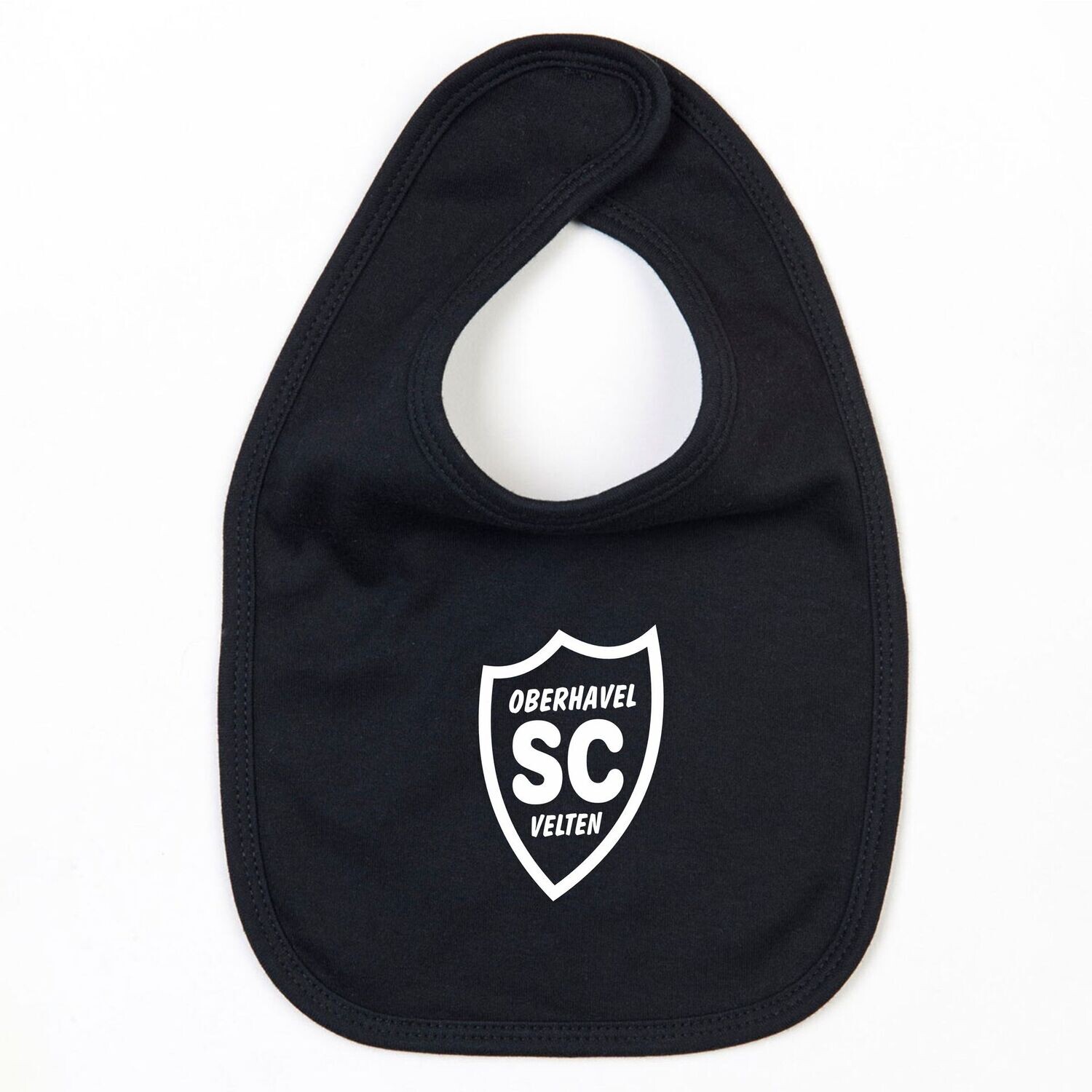 Schwarzes Baby-Lätzchen mit weißem SCO-Wappen.