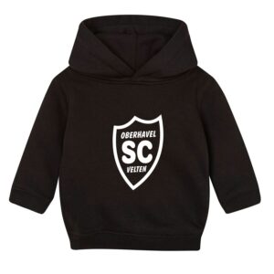 Schwarzer Baby-Hoodie mit weißem SCO-Wappen auf der Vorderseite.