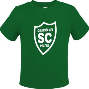 Grünes Baby-T-Shirt mit weißem SCO-Wappen auf der Vorderseite.