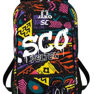 JAKO Rucksack Tropicana mit buntem Muster und weißem SCO-Graffiti-Druck.