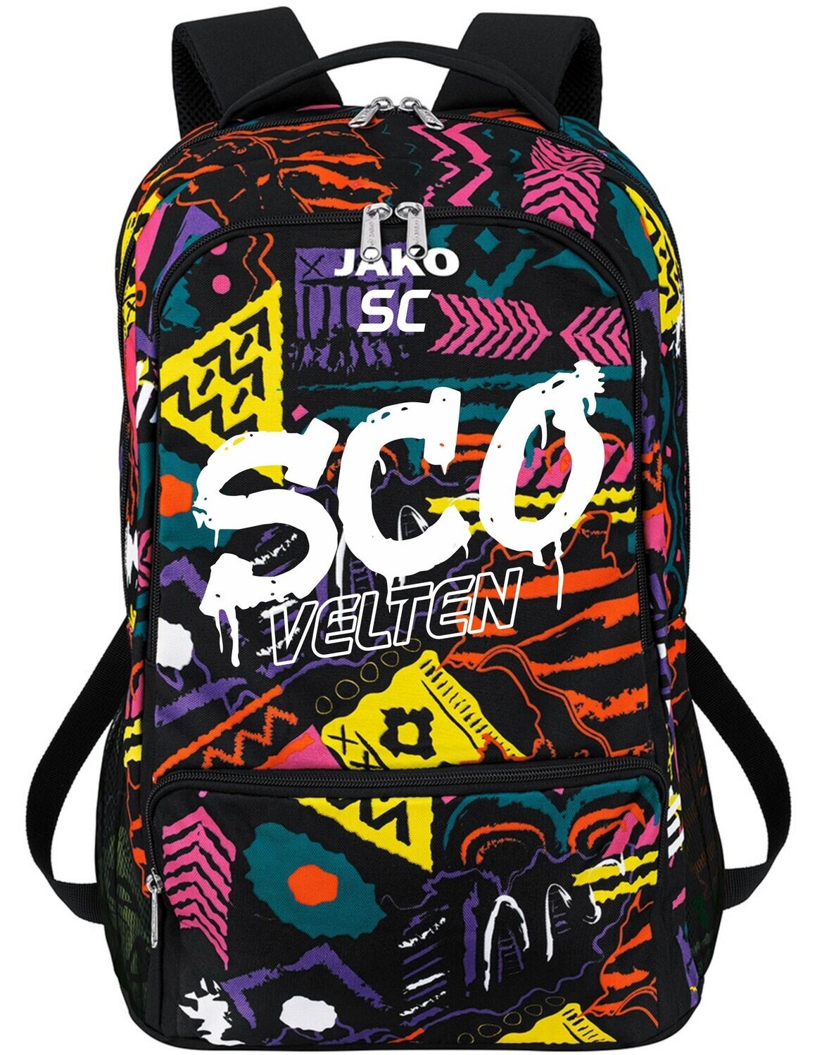 JAKO Rucksack Tropicana mit buntem Muster und weißem SCO-Graffiti-Druck.