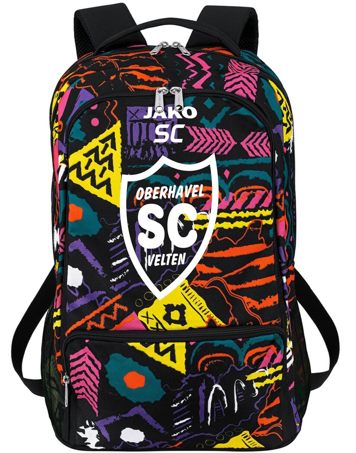 Bunt gemusterter JAKO Rucksack Tropicana mit weißem SCO-Wappen und Initialen.