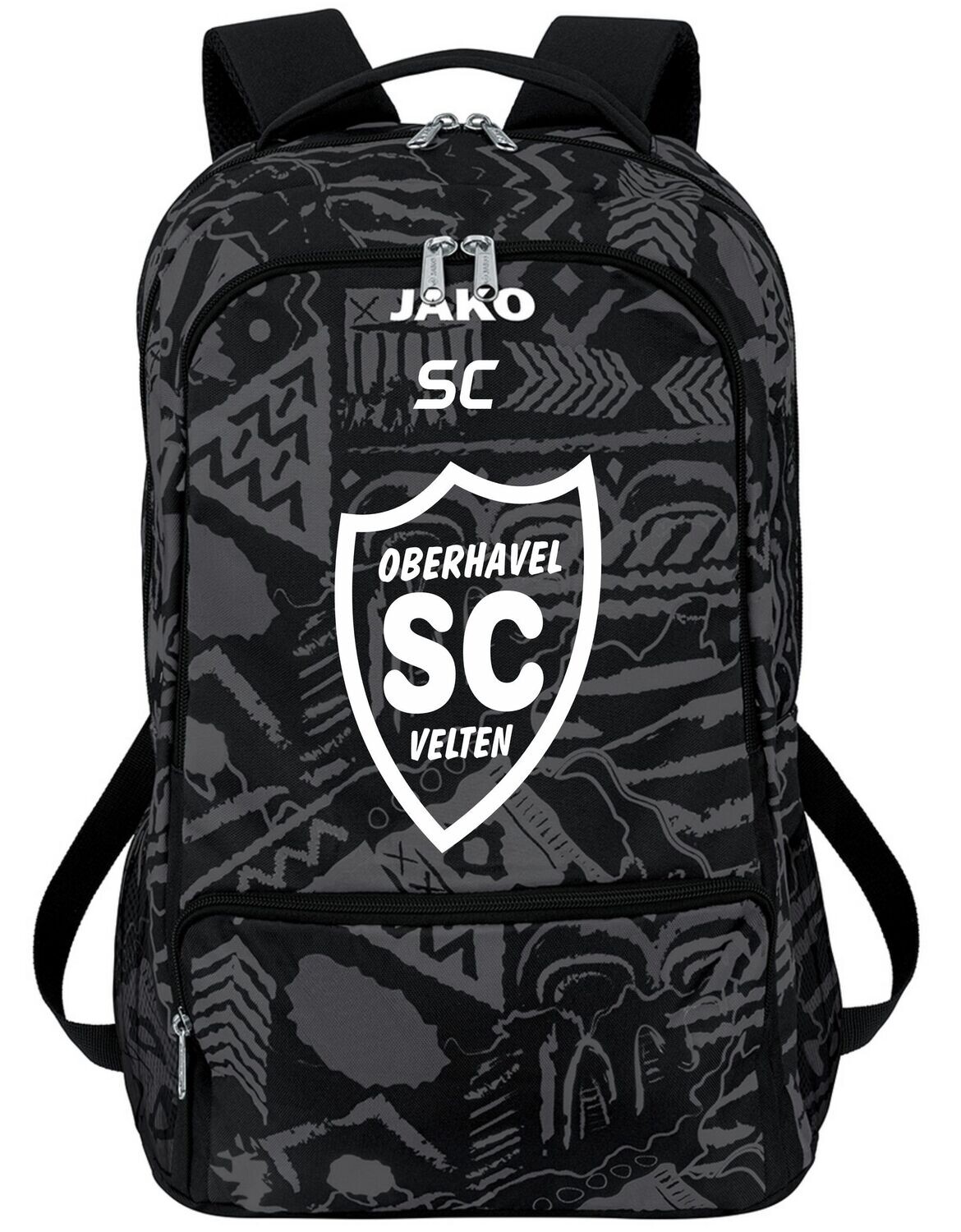 Schwarz-grau gemusterter JAKO Rucksack Tropicana mit weißem SCO-Wappen und Initialen.