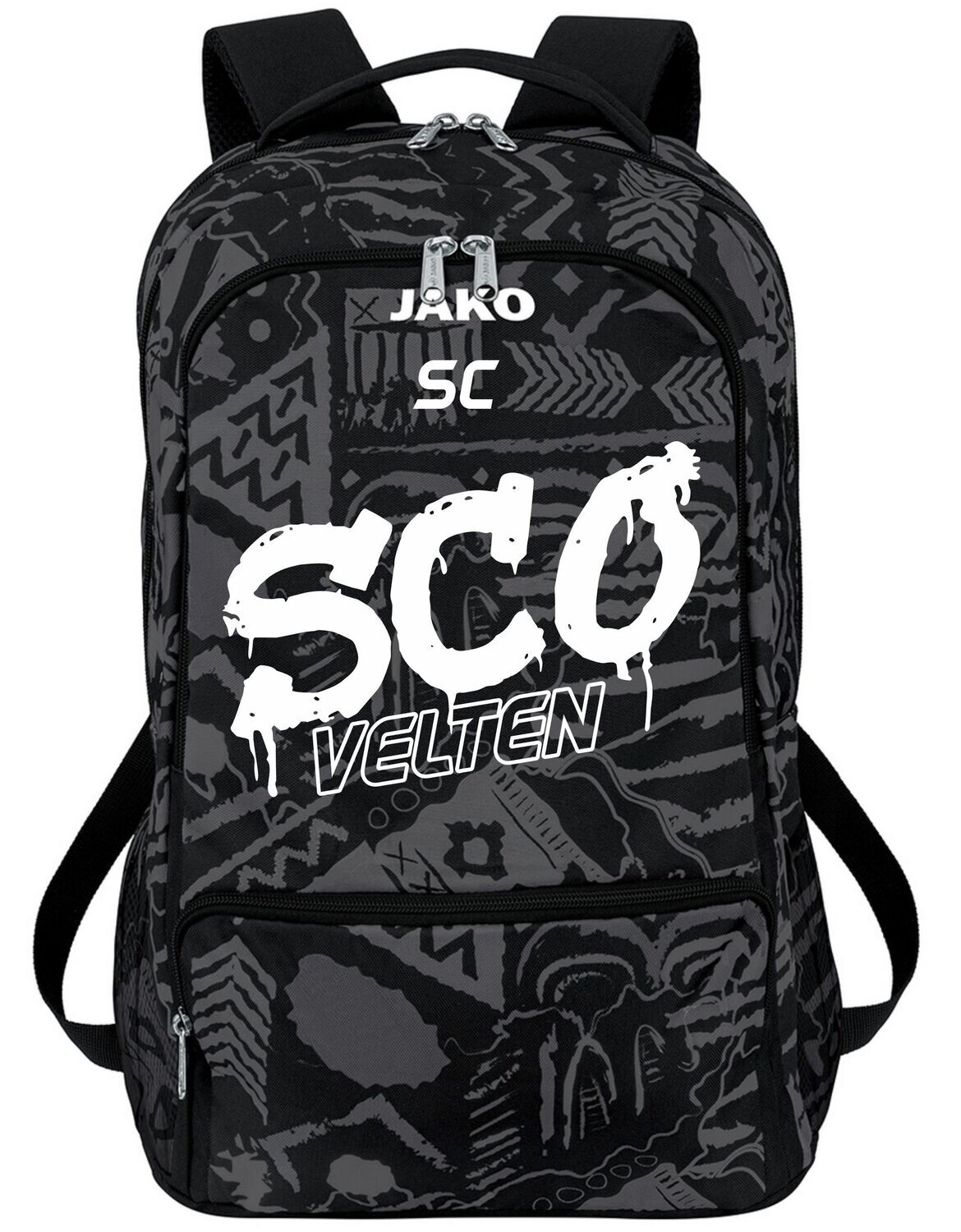 Schwarz-grau gemusterter JAKO Rucksack Tropicana mit weißem SCO-Graffiti-Motiv und Initialen.