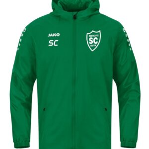 Grüne JAKO Team 2.0 Allwetterjacke mit Kapuze und weißem SCO-Wappen, Vorderansicht.