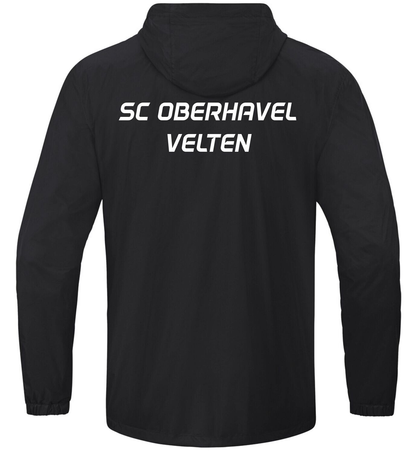 JAKO Team 2.0 Allwetterjacke TR: Rückansicht in Schwarz mit weißem Schriftzug SC Oberhavel Velten.
