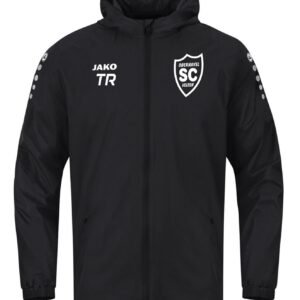 Schwarze JAKO Team 2.0 Allwetterjacke TR mit Kapuze und weißem SCO-Wappen, Vorderansicht.