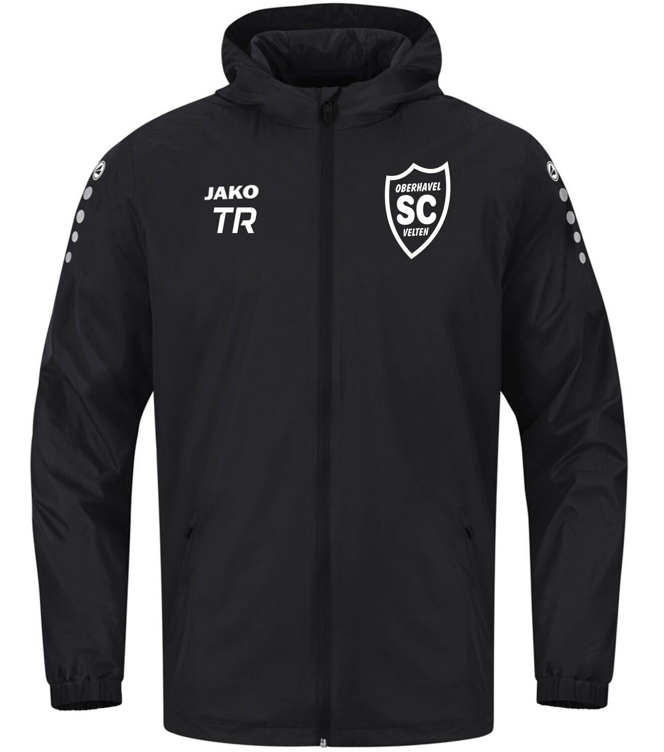 Schwarze JAKO Team 2.0 Allwetterjacke TR mit Kapuze und weißem SCO-Wappen, Vorderansicht.
