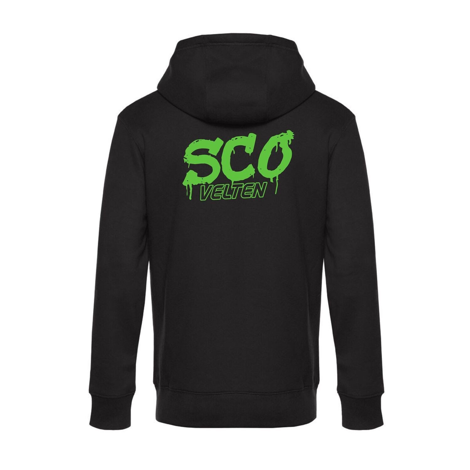 Hoodie in Schwarz mit grünem SCO-Graffiti-Motiv, Rückansicht.