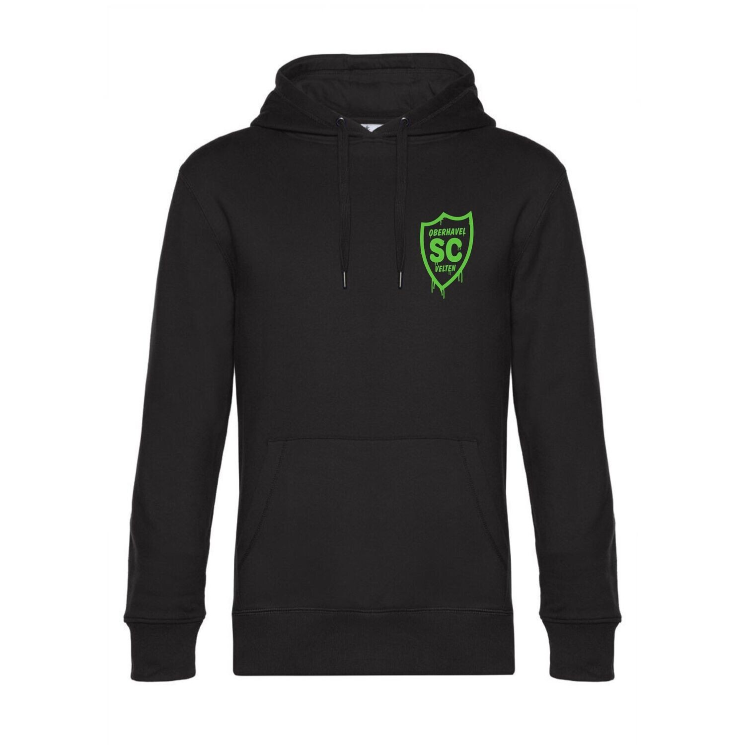 Schwarzer Hoodie der Motivlinie SCO Graffiti mit grünem SCO-Brustwappen, Vorderansicht.