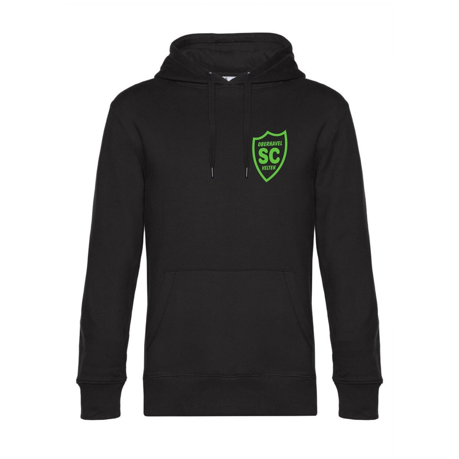 Schwarzer Hoodie der Motivlinie SCO Velten mit grünem SCO-Brustwappen, Vorderansicht.