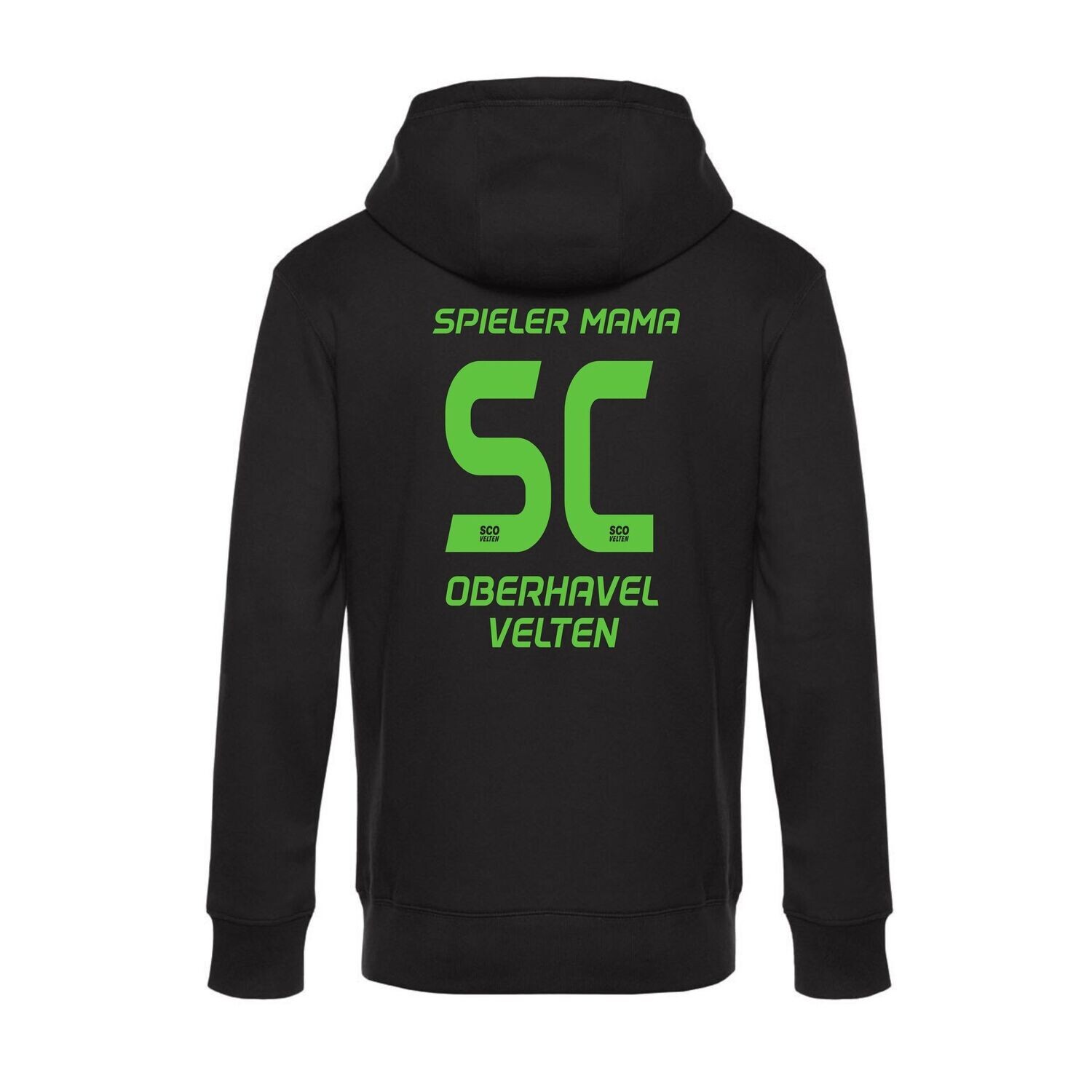 Hoodie in Schwarz mit grünem SCO-Nummer-Motiv und Spieler-Mama-Zusatz, Rückansicht.