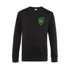 Schwarzes Sweatshirt der Motivlinie SCO Velten mit grünem SCO-Brustwappen, Vorderansicht.
