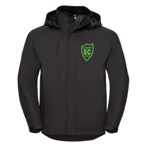 Schwarze Russell Hydraplus 2000 Jacke der Motivlinie SCO Velten mit grünem Brustwappen.