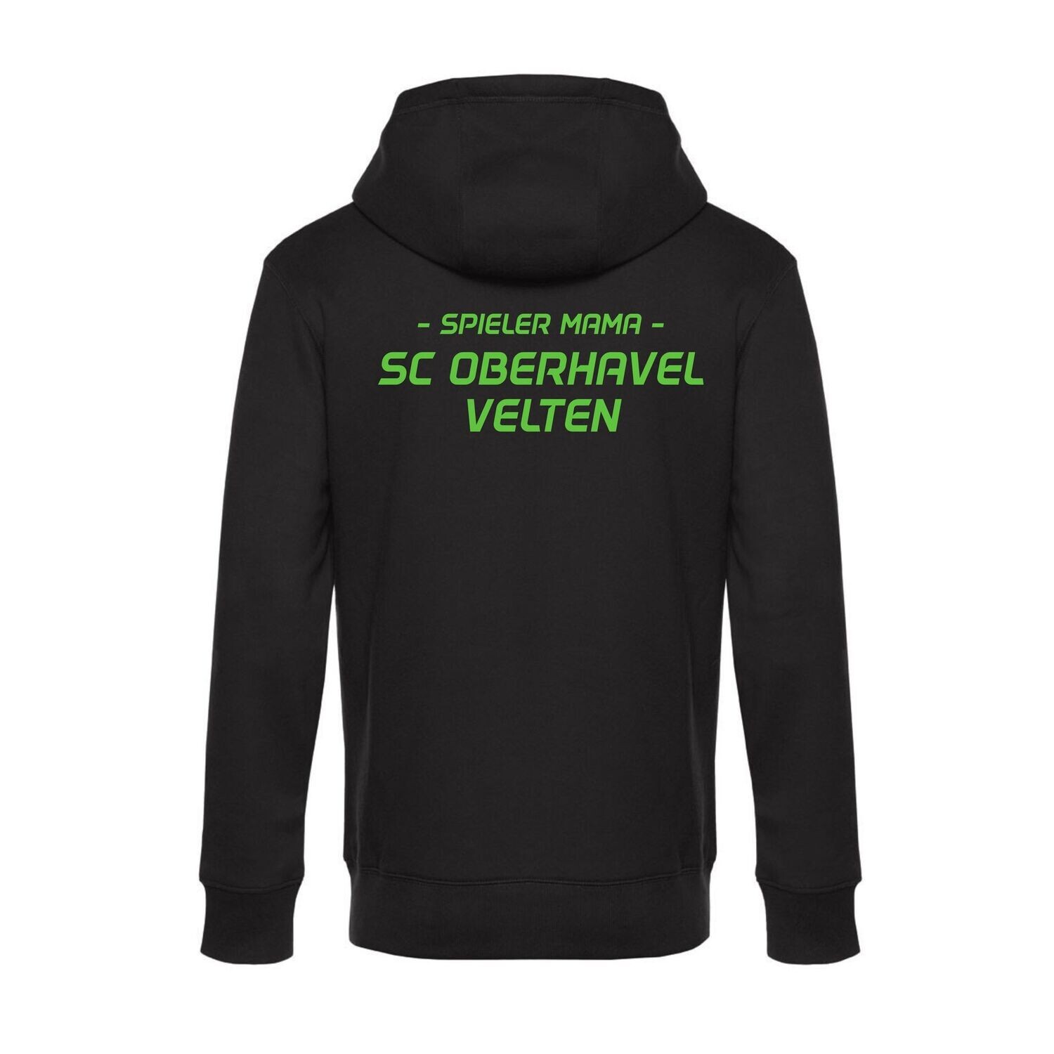 Hoodie in Schwarz mit grünem Vereinsschriftzug und Spieler-Mama-Zusatz, Rückansicht.