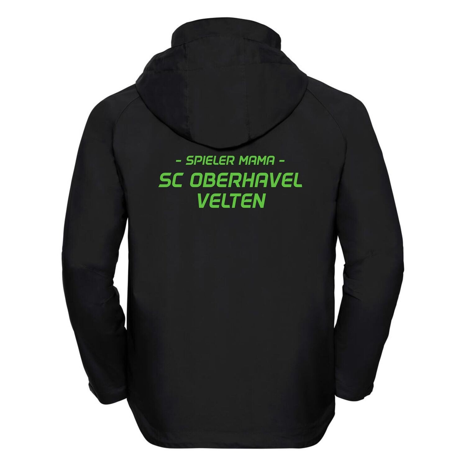 Schwarze Russell Hydraplus Kapuzenjacke mit grünem Vereinsschriftzug und Spieler-Mama-Zusatz auf dem Rücken.