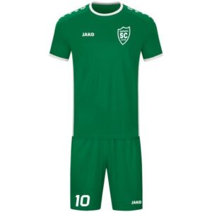 Grünes JAKO Trikot Primera mit weißem SCO-Wappen, zusammen mit einer passenden Hose als Kombinationsabbildung.
