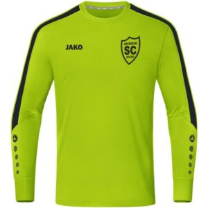 Gelbgrünes JAKO Torwart-Trikot Power mit schwarzen Kontrastdetails und SCO-Wappen, Vorderansicht.