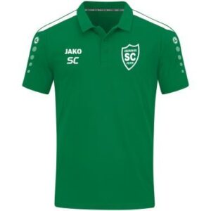 Grünes JAKO Polo Power mit weißen Kontrastdetails und SCO-Wappen, Vorderansicht.