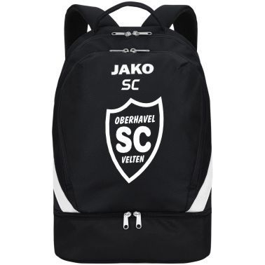 Schwarzer JAKO Rucksack Iconic mit weißen Details, SCO-Wappen, Initialen und separatem Bodenfach.